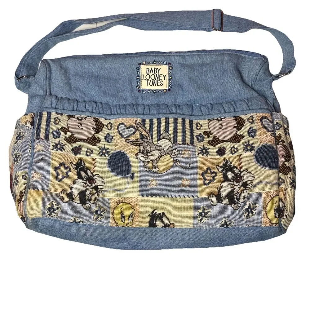 Vintage Baby Looney Tunes Tapestry Denim Diaper Messenger Bag Bugs Tweety 90s